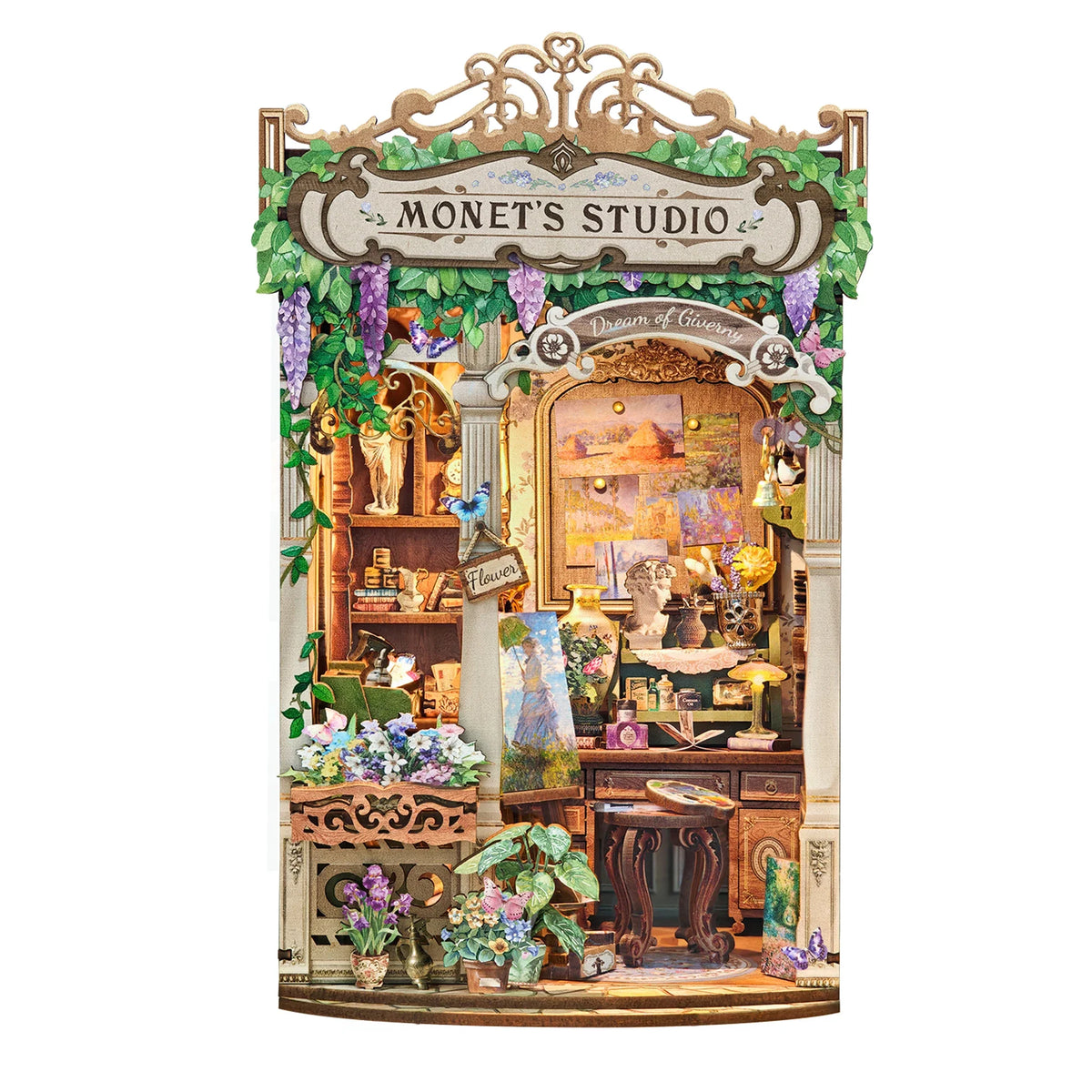 Monets Studio Shelf DIY Book Nook Kit — box and pieces