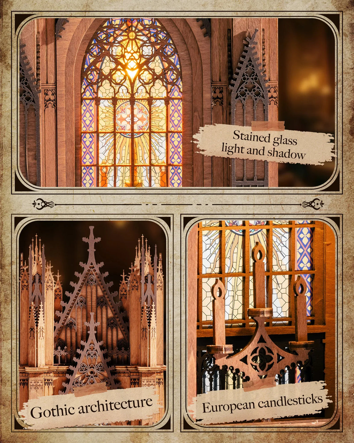 Rolife TG Series Gothic Cathedral 3D Wooden Puzzle Kit — angled close-up