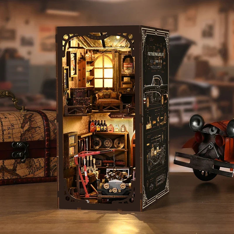 Craftsmanship Repair Shop DIY Book Nook Kit — open display view
