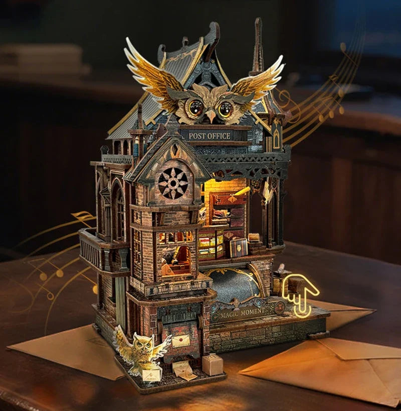 Owl Post Office DIY Miniature House Kit — open display view
