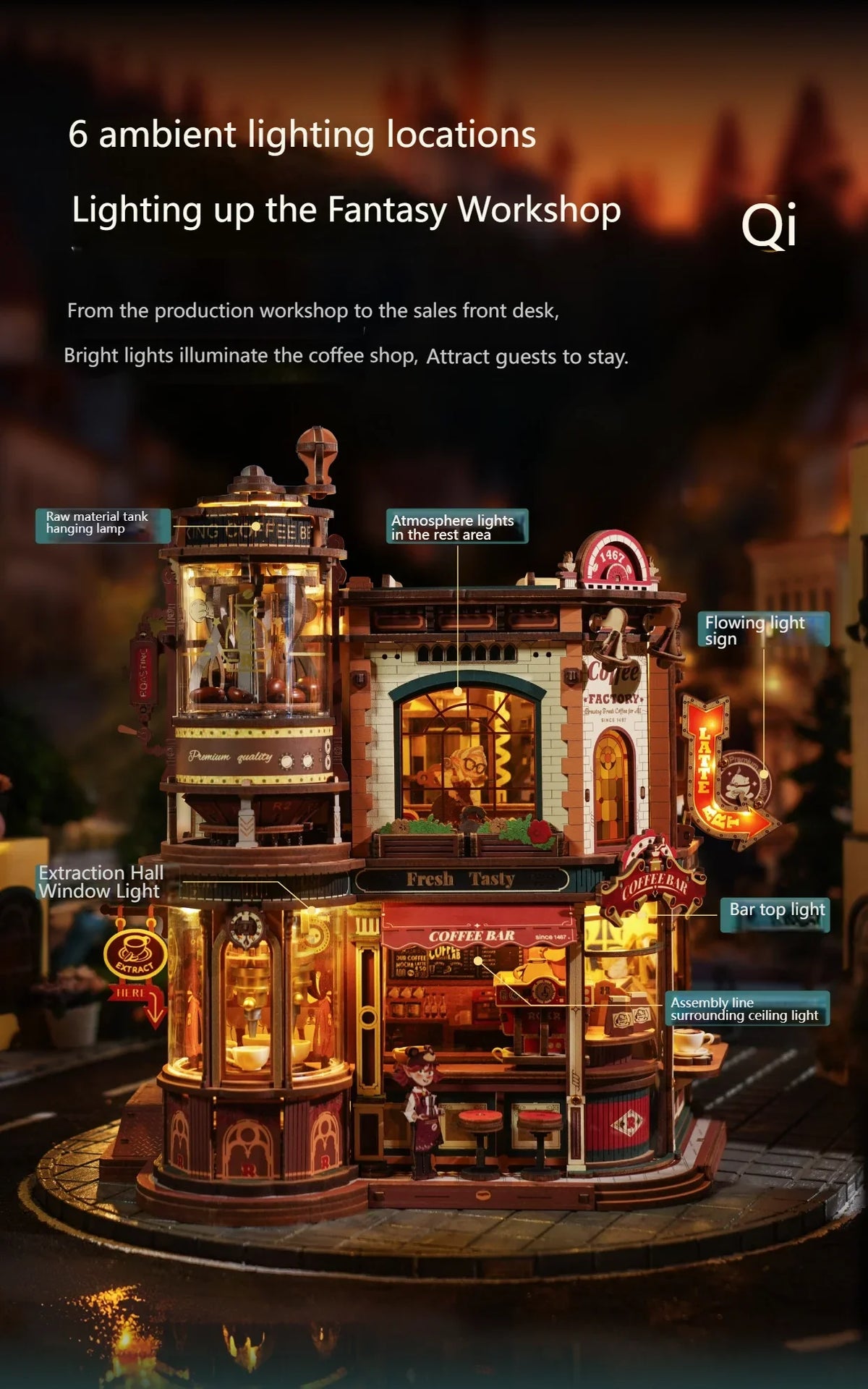 Coffee Factory DIY Miniature House Kit — angled close-up