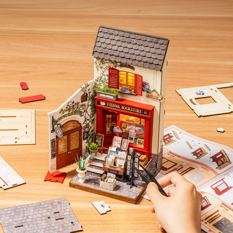 Rolife Vienna Bookstore DIY Miniature House Kit — angled close-up