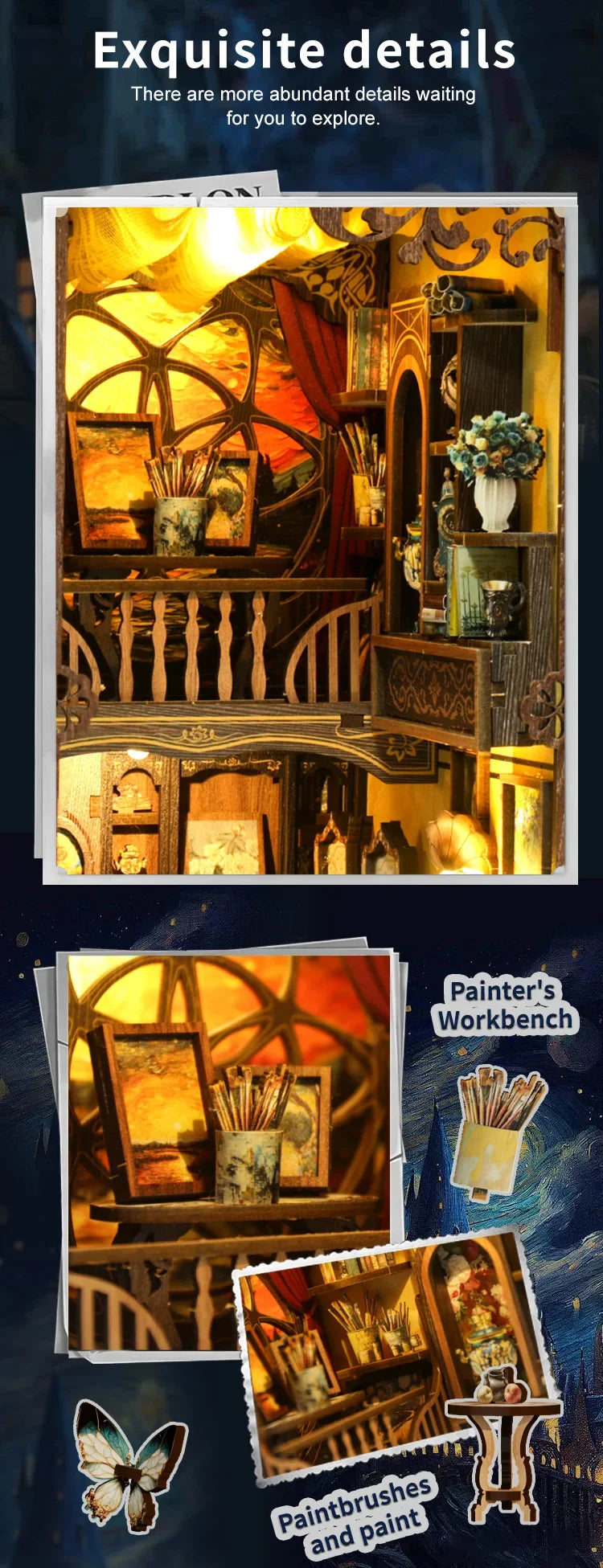 World Within Frame Figurines Miniatures DIY Book Nook Kit — detalied side view
