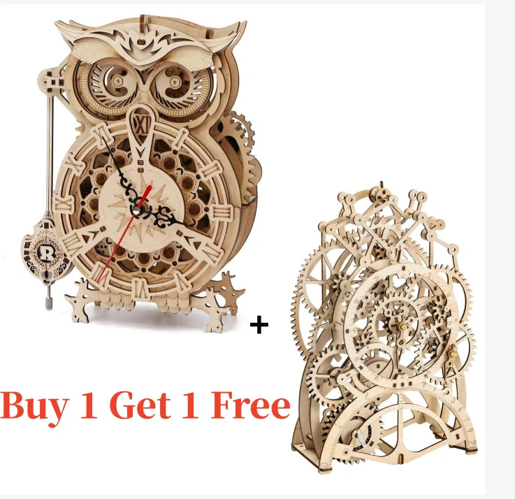 Robotime Rokr 3D Owl Desk Clock Kit LK503 – 161pcs DIY Wooden — box and pieces