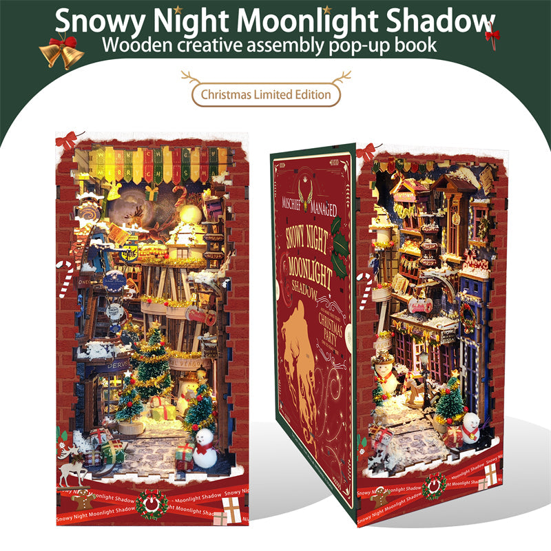 Snowy Night Moonlight Shadow DIY Book Nook Kit — open display view