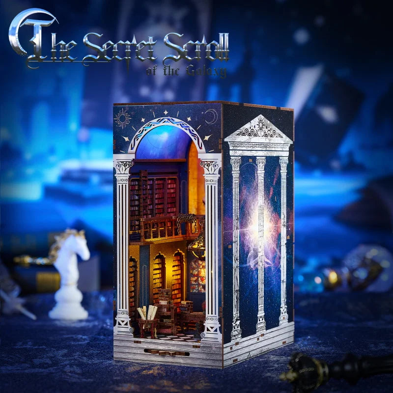 The Secret Scroll Of The Galaxy DIY Wooden Book Nook Kit — open display view