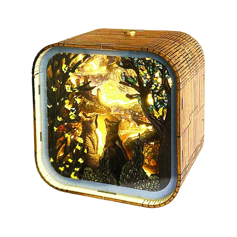 Van Gogh Starry Night Wooden 3D Puzzle Lamp — angled close-up