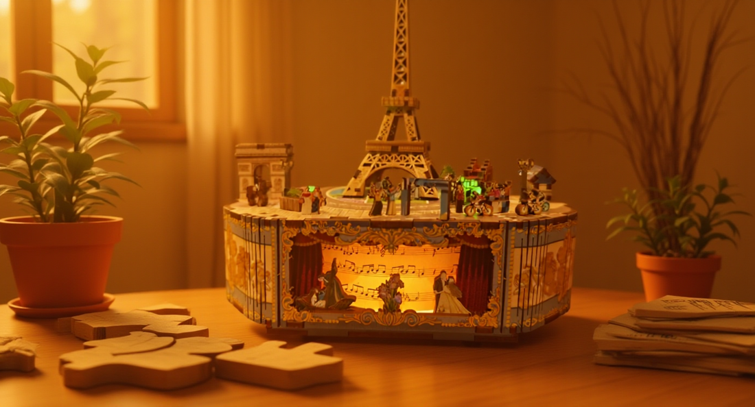 How it looks in real life: a warm desk with a 3D wooden puzzle