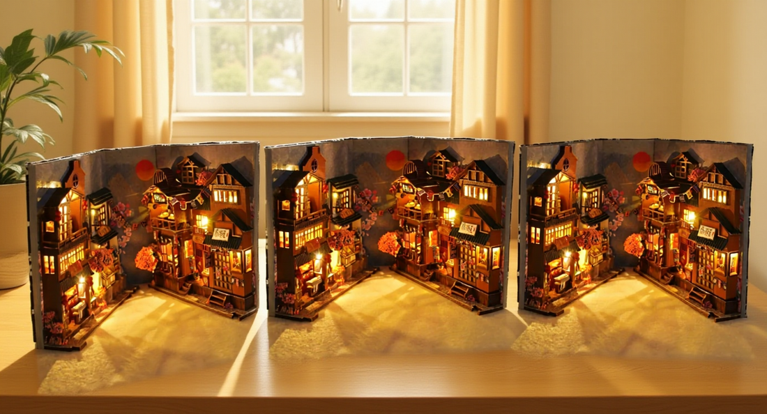 How it looks in real life: a bright desk with three beginner book nook kits ready