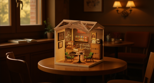How it looks in real life: a cozy cafe corner with a lit cafe book nook