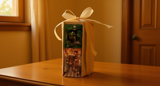 How it looks in real life: a gift wrapped book nook on a wooden table with ribbon