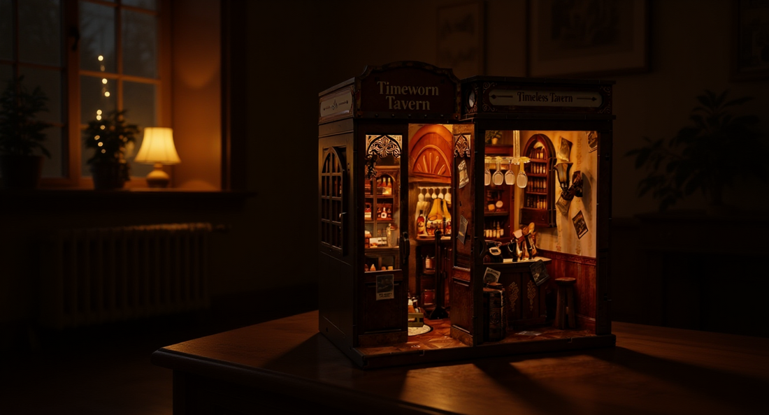 How it looks in real life: a dim cozy room where a lit book nook glows warmly