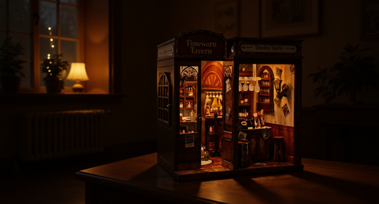 How it looks in real life: a dim cozy room where a lit book nook glows warmly