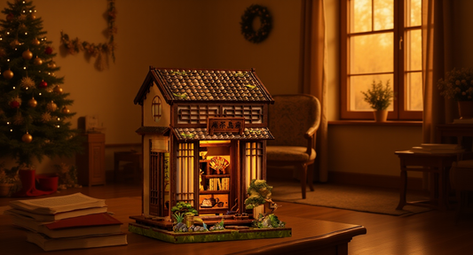 How it looks in real life: a festive room with a warmly lit christmas book nook