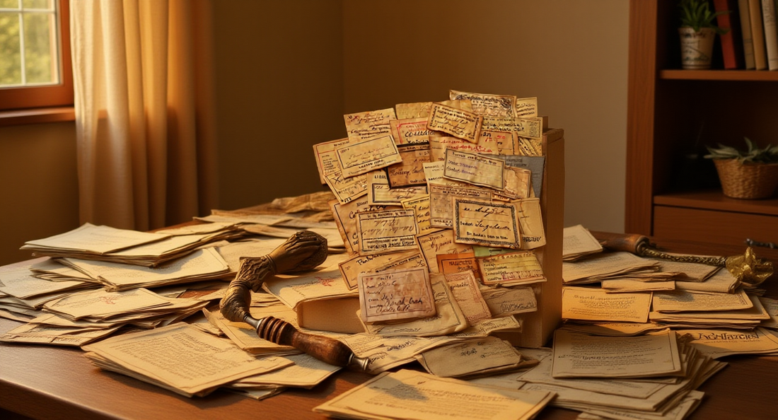 How it looks in real life: a warm desk with scattered vintage paper ephemera