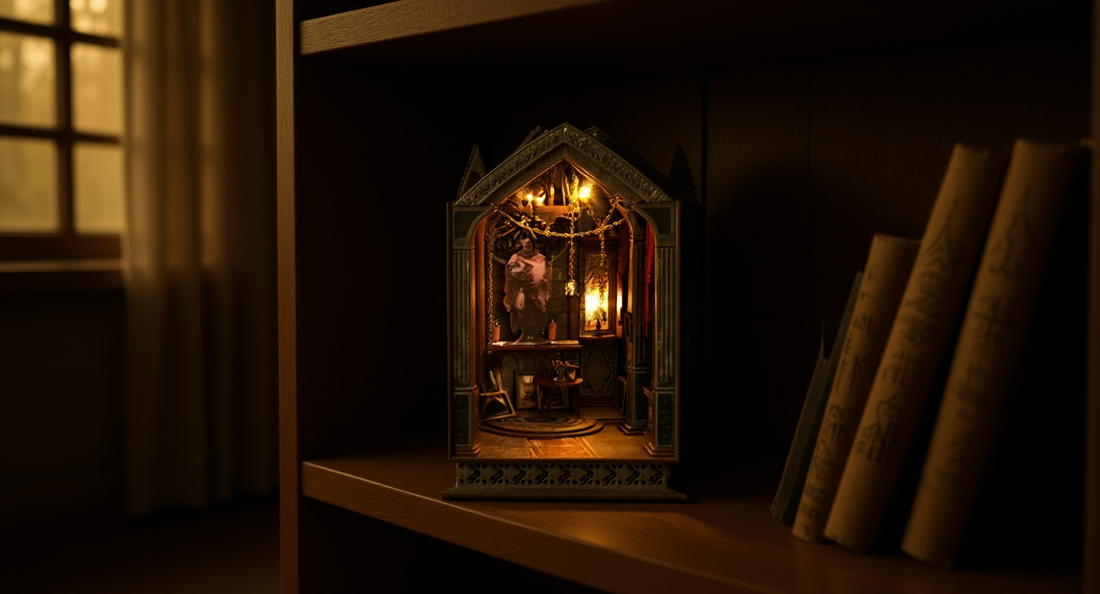 How it looks in real life: a moody shelf with a softly lit gothic book nook