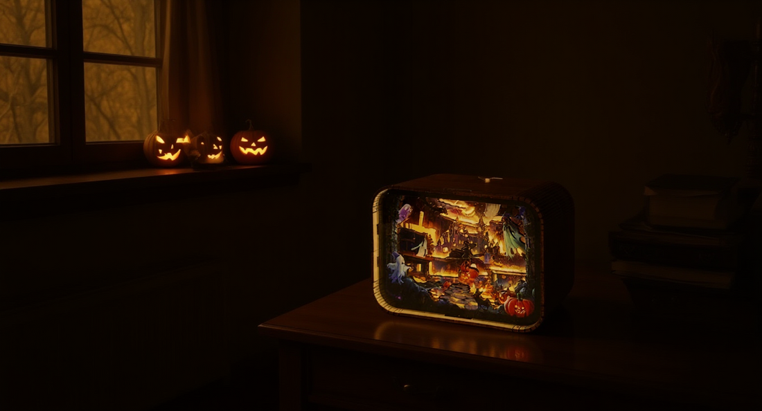 How it looks in real life: a moody room with a softly lit halloween book nook