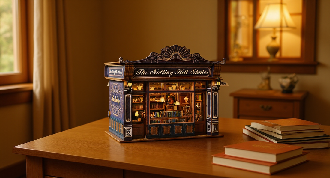 How it looks in real life: a welcoming craft desk with a half built book nook