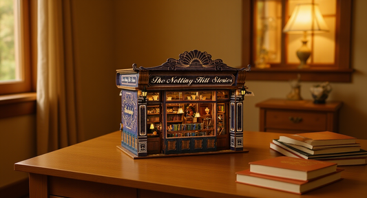 How it looks in real life: a welcoming craft desk with a half built book nook
