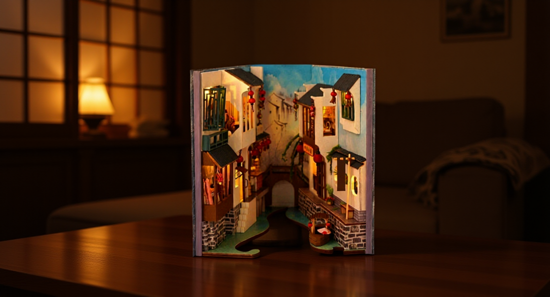 How it looks in real life: a warm evening room with a lit japanese alley book nook