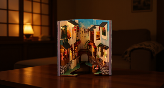 How it looks in real life: a warm evening room with a lit japanese alley book nook