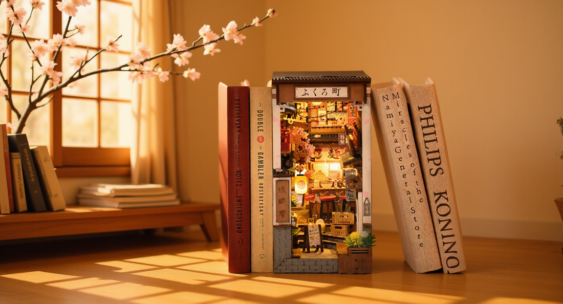How it looks in real life: a soft warm room with a lit sakura book nook
