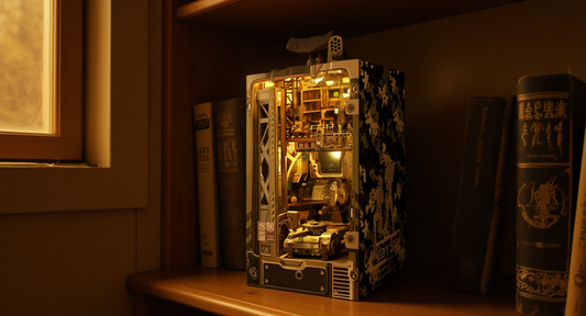 How it looks in real life: a warm shelf with a glowing book nook tucked between books
