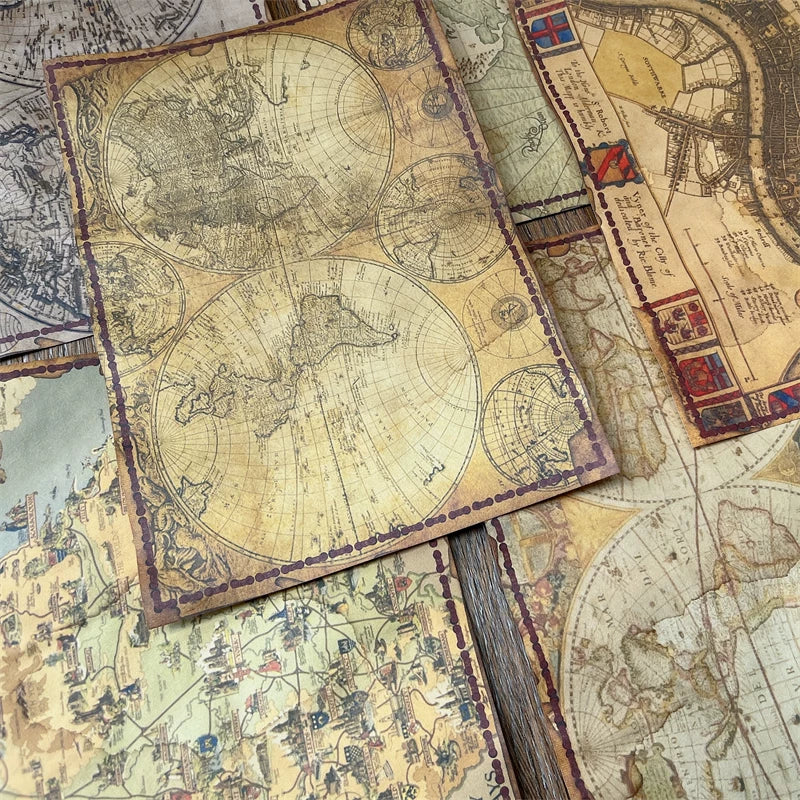 Vintage Distressed Junk Journal Scrapbook Paper Pack, Medieval Nautical Map Decorative Ephemera Paper for Journaling, Collage, DIY Art