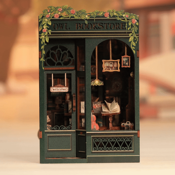 Cutebee Owl Bookstore DIY Book Nook Kit — open display view
