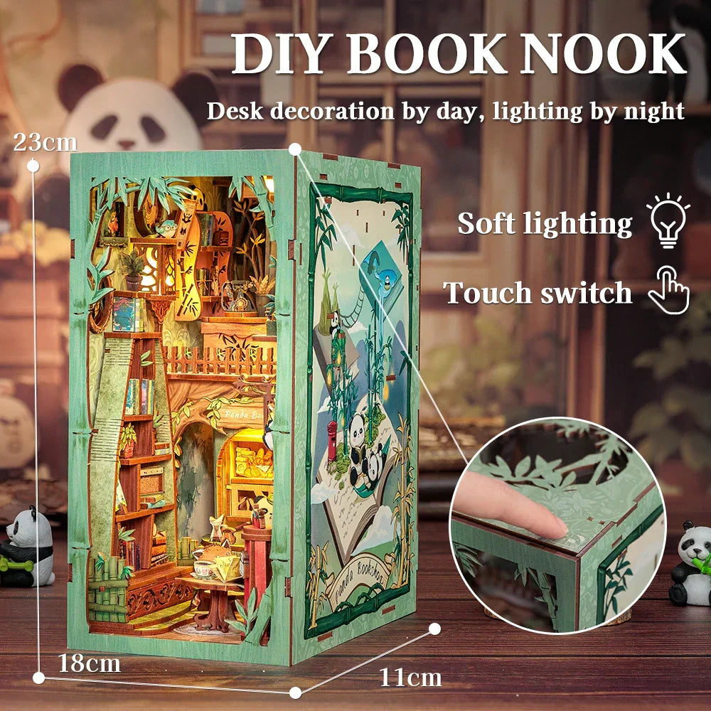 Cutebee Panda Bookshop DIY Book Nook Kit — box and pieces