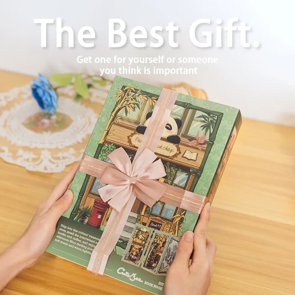 Cutebee Panda Bookshop DIY Book Nook Kit — box and pieces