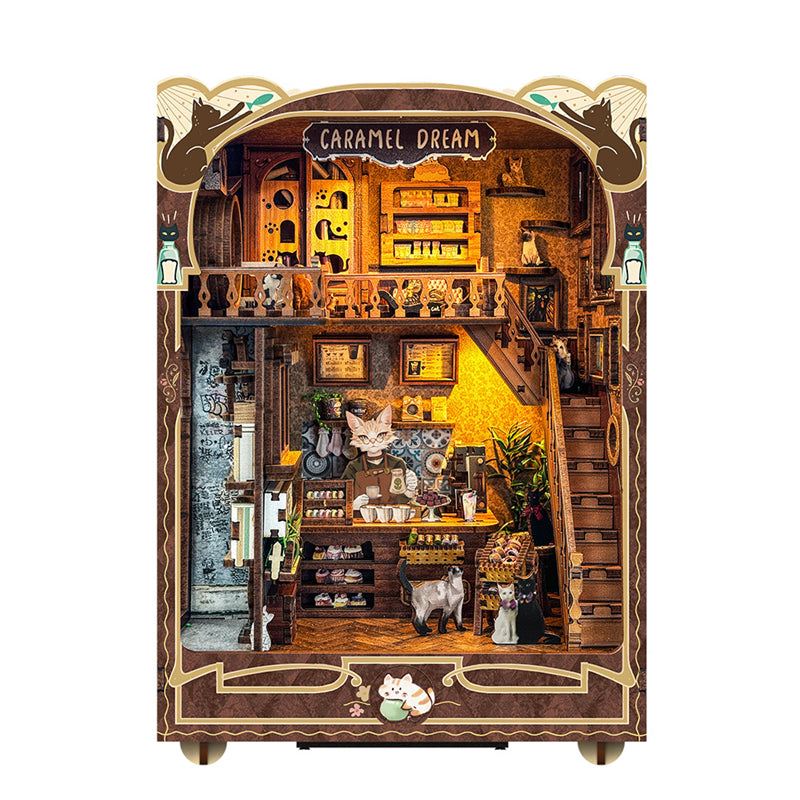 Caramel Dreams Cat Cafe DIY Book Nook Kit — open display view