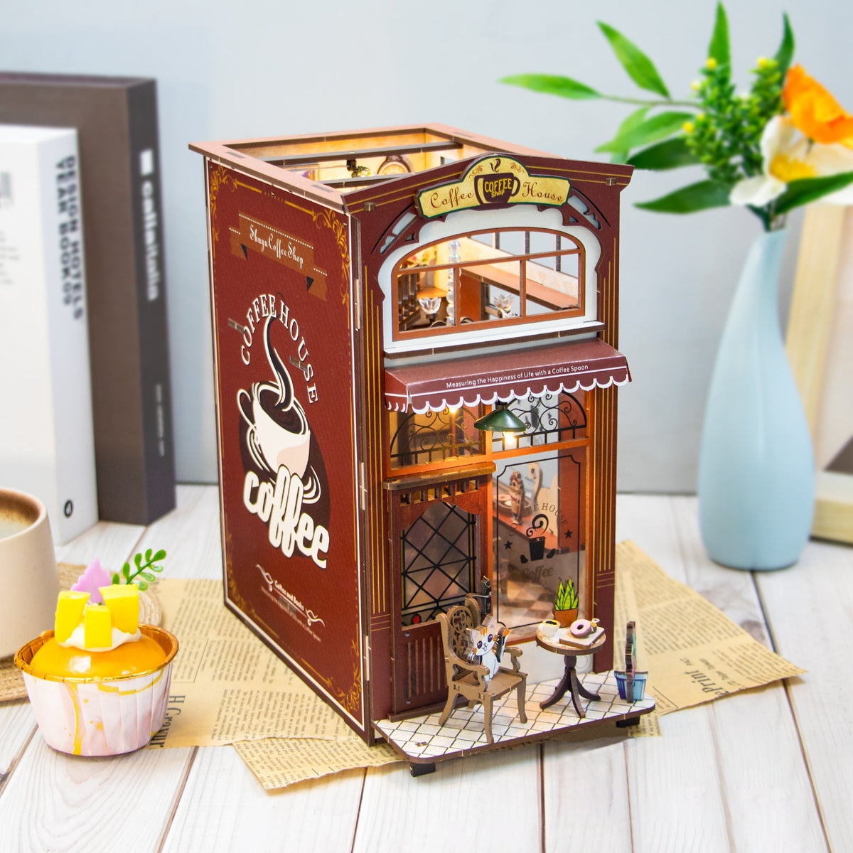Cat Coffee House DIY Book Nook Kit — open display view