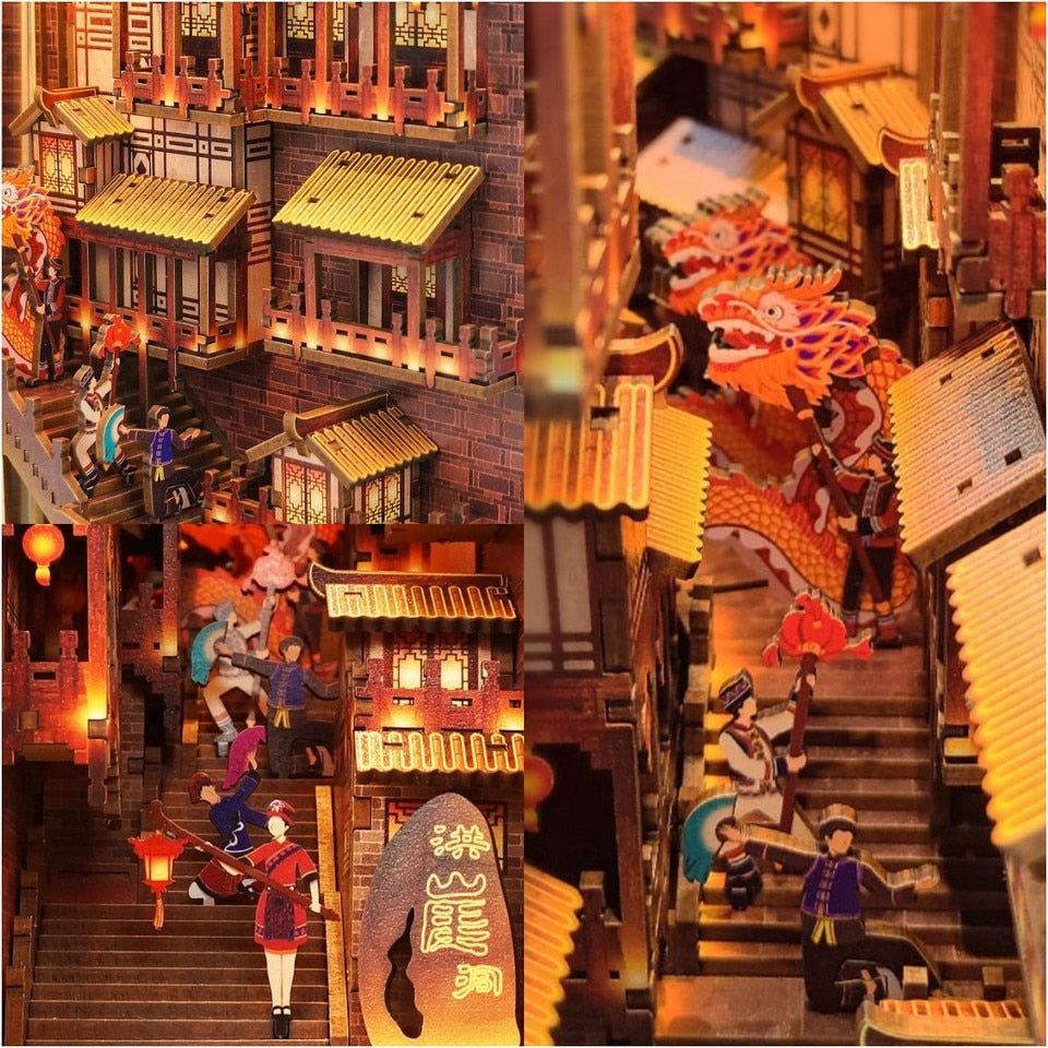 Chinese City Building DIY Book Nook Kit — open display view