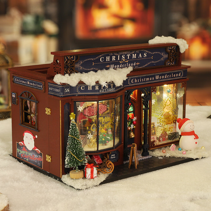 Christmas Shop DIY Miniature House Kit — open display view