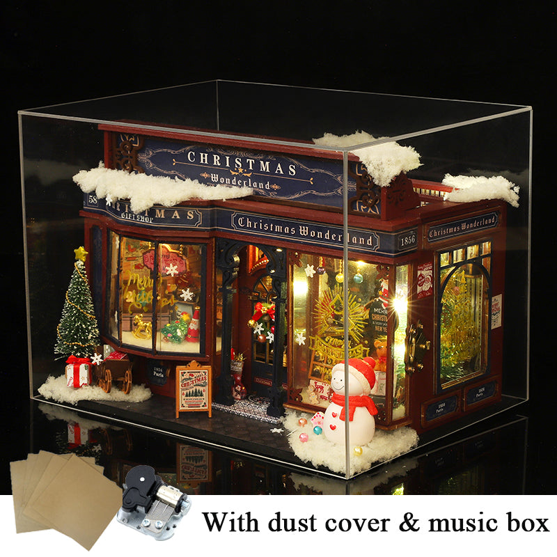 Christmas Shop DIY Miniature House Kit — open display view