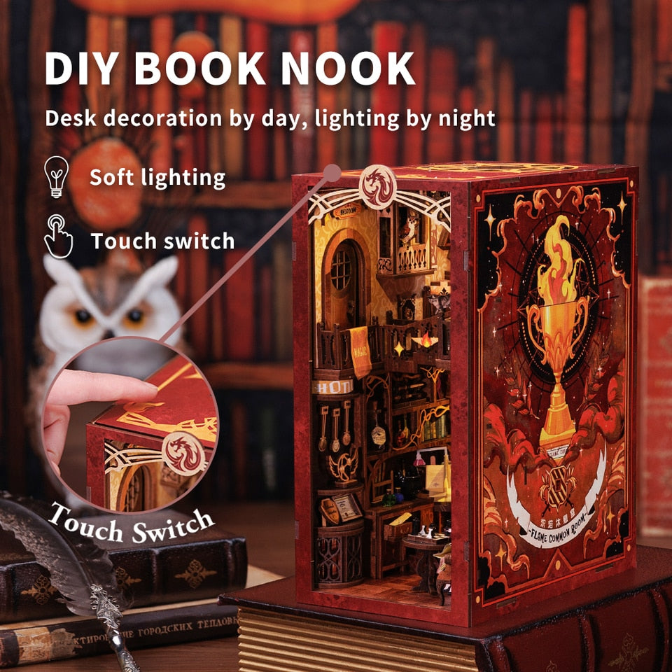 Cutebee Flame Common Room DIY Book Nook Kit — open display view