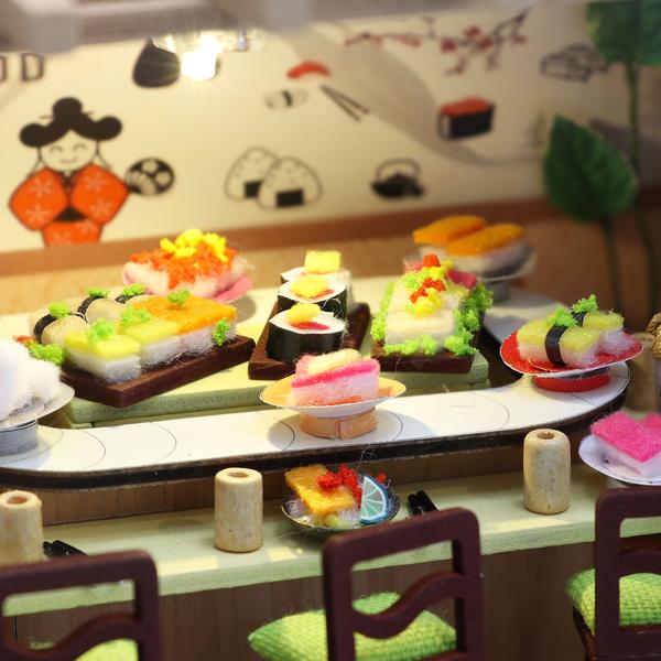 Cutebee Gibbon Sushi DIY Dollhouse Kit — open display view