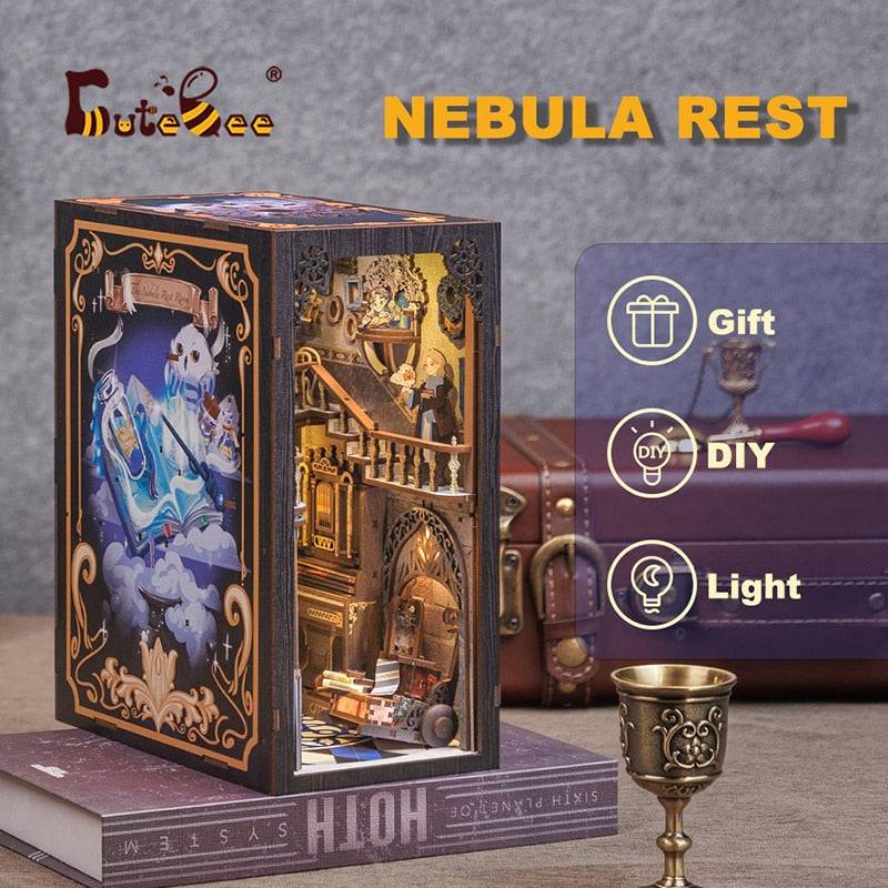 Cutebee Nebula Common Room DIY Book Nook Kit — open display view