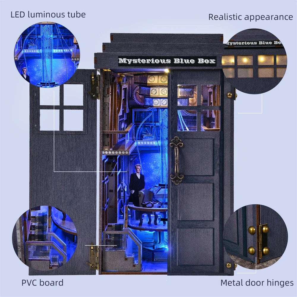 Mysterious Blue Box DIY Book Nook Kit — detalied side view