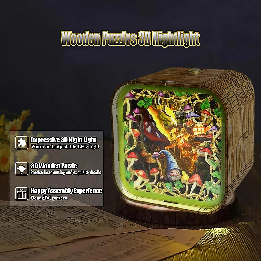 Gnome Village Wooden DIY Night Light — angled close-up