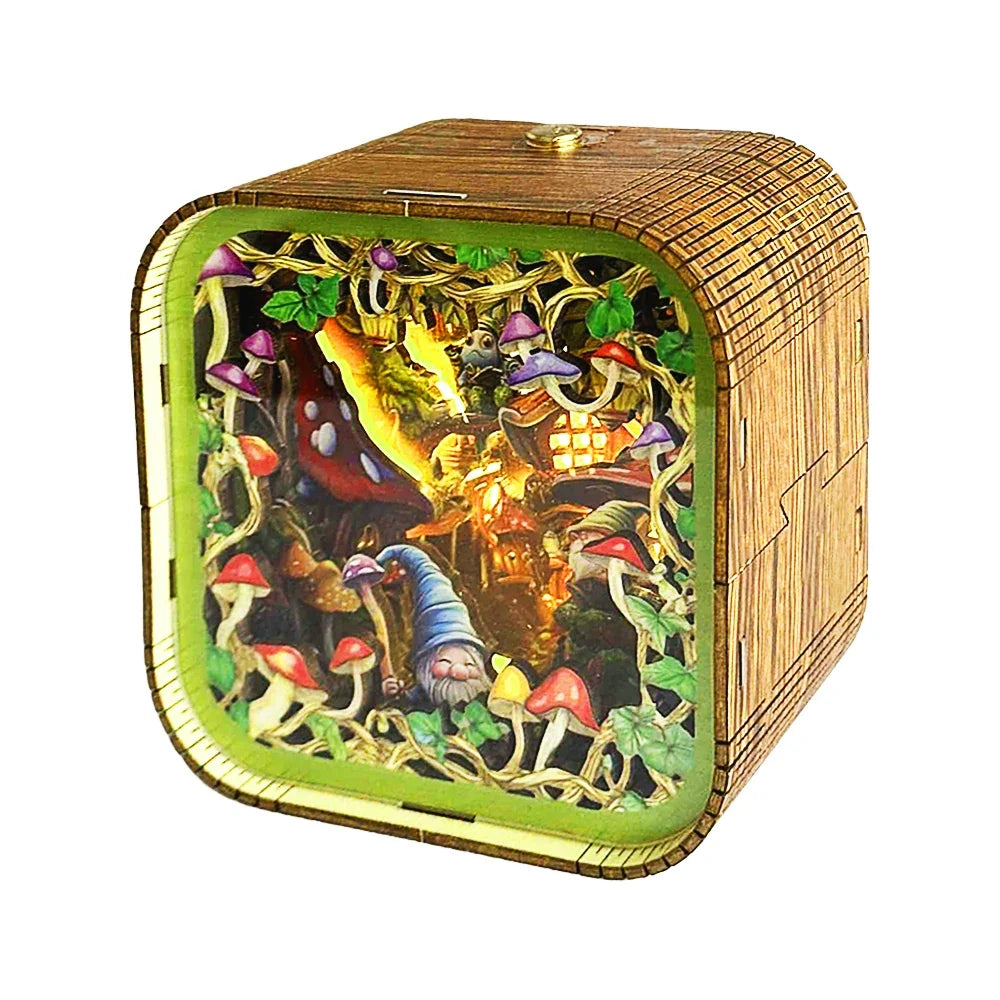 Gnome Village Wooden DIY Night Light — angled close-up