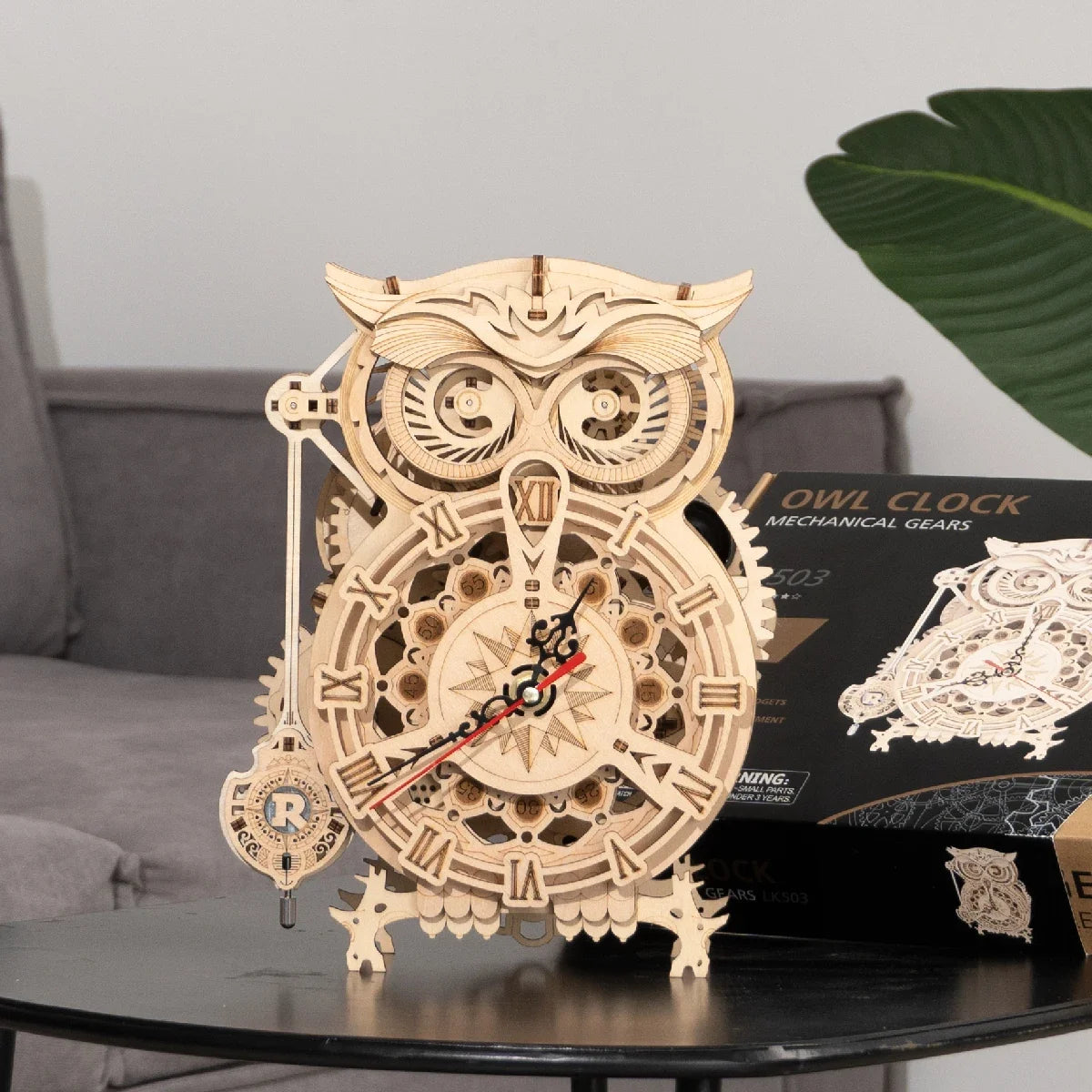 Robotime Rokr 3D Owl Desk Clock Kit LK503 – 161pcs DIY Wooden — open display view