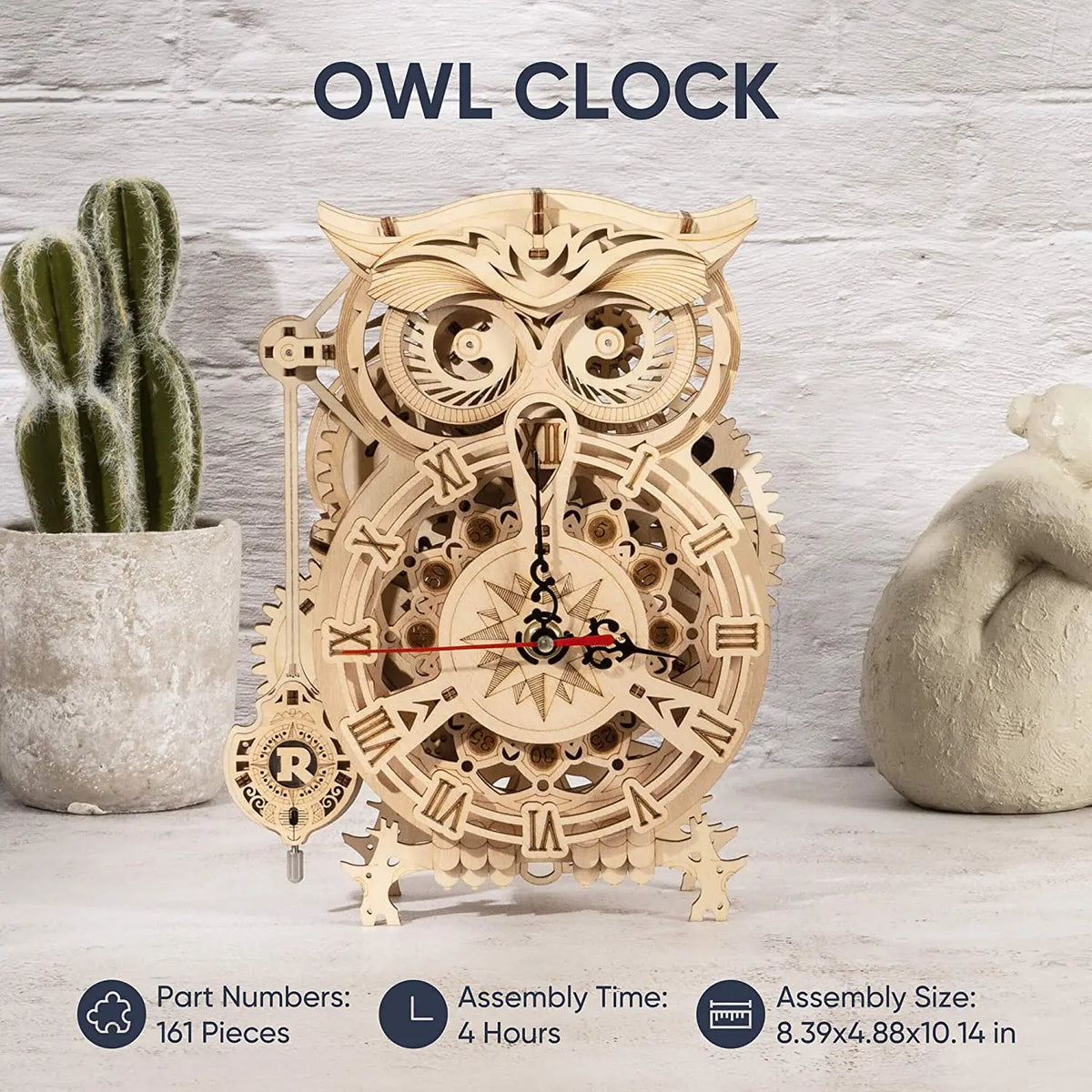 Robotime Rokr 3D Owl Desk Clock Kit LK503 – 161pcs DIY Wooden — angled close-up