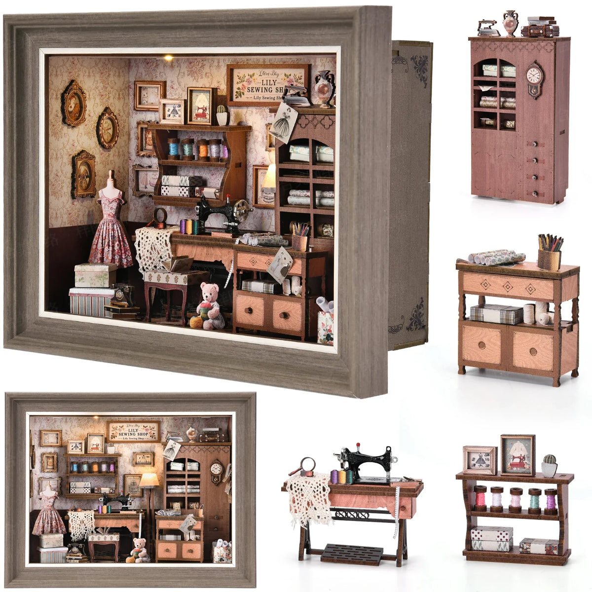 Lily Sewing Shop Miniature With LED Lights — angled close-up