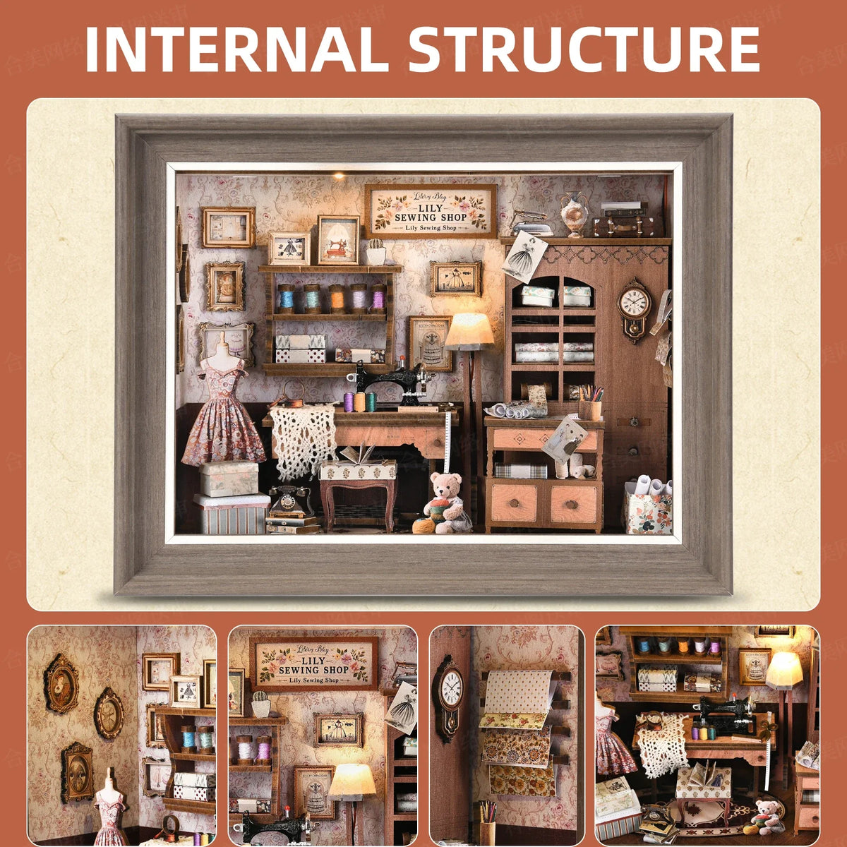 Lily Sewing Shop Miniature With LED Lights — front angle