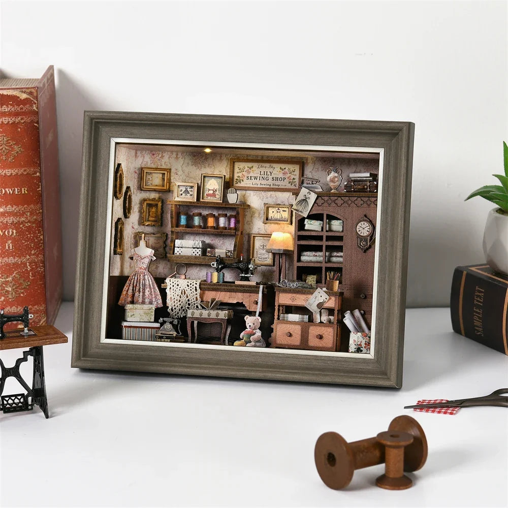 Lily Sewing Shop Miniature With LED Lights — detalied side view