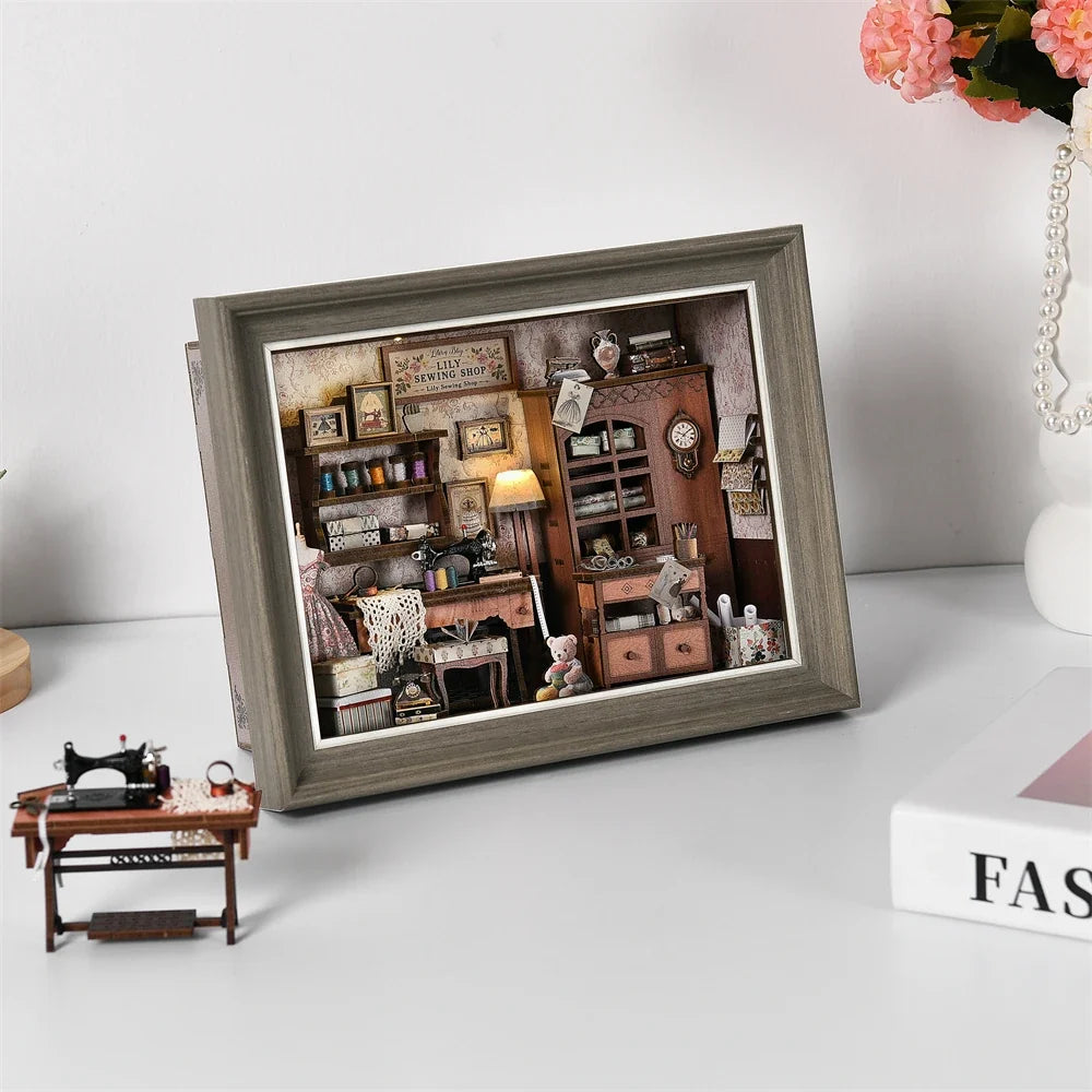 Lily Sewing Shop Miniature With LED Lights — open display view