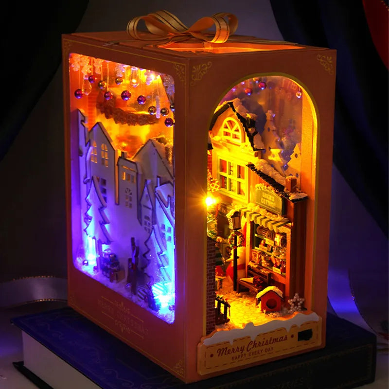 Merry Christmas DIY Book Nook Kit — angled close-up
