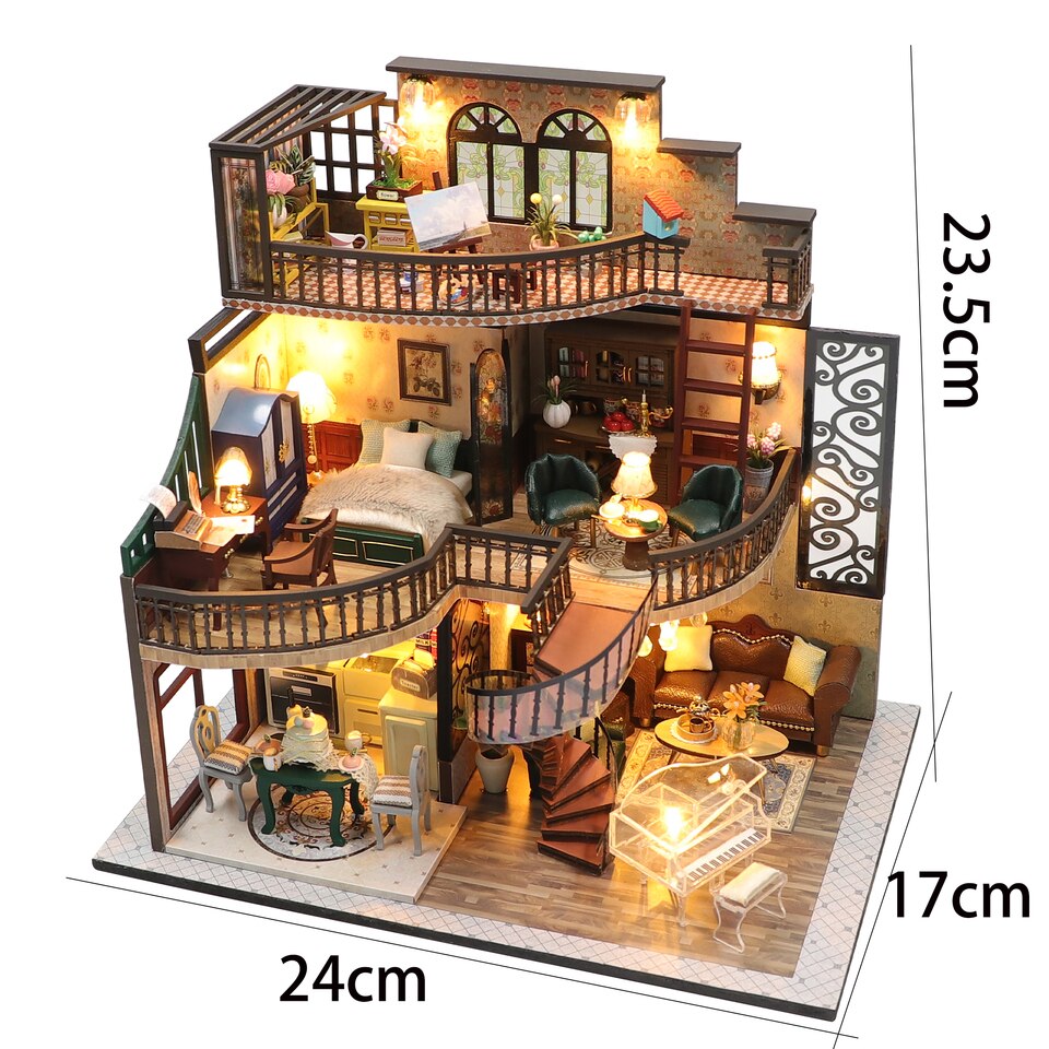 Modern Loft European DIY Miniature House Kit — open display view